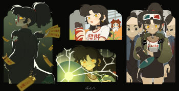 1girl 2others :d absurdres an-an_lee black_border black_choker black_coat black_gloves black_hair black_skirt border chocolate choker clothes_writing coat commentary daku_k earrings fangs flower from_side glasses gloves green-tinted_eyewear green_background green_jacket grin hand_up heterochromatic_eyewear highres holding holding_megaphone holding_ofuda hoop_earrings jacket jewelry lightning looking_at_viewer looking_down medium_hair megaphone miniskirt multiple_others multiple_views ofuda open_mouth outside_border ponytail profile red-tinted_eyewear reverse:1999 round_eyewear shirt skirt smile sweat symbol-only_commentary tinted_eyewear upper_body white_flower white_shirt yellow_eyes yin_yang