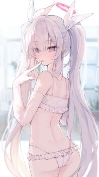1girl :o absurdres ass bikini blue_archive elbow_gloves frilled_bikini frills gloves grey_eyes hair_ribbon halo highres light_blush long_hair pink_halo plana_(blue_archive) ribbon solo swimsuit twintails white_bikini white_gloves white_hair white_ribbon ximgyeon