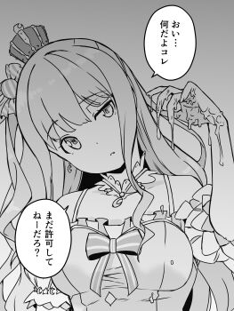 1girl absurdres after_handjob breasts candy_apple commentary_request crescent crescent_earrings crown cum cum_on_body cum_on_hands detached_collar detached_sleeves earrings food greyscale half-closed_eye highres himemori_luna hololive implied_handjob jewelry medium_breasts mini_crown monochrome one_side_up senaka_(kamemusikiller0723) side_ponytail solo translation_request upper_body virtual_youtuber