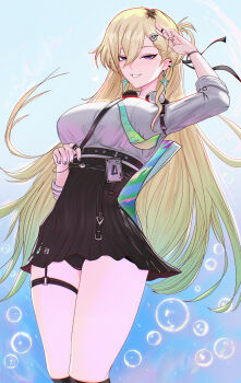 1girl aqua_necktie black_panties black_skirt blonde_hair braid braided_bangs breasts commentary earrings hair_between_eyes hair_ornament headphones headphones_around_neck highres id_card jewelry large_breasts long_hair looking_at_viewer lynae_(wuthering_waves) mcdobo necktie panties shirt skirt skull_hair_ornament solo star_(symbol) star_earrings underwear white_shirt wuthering_waves