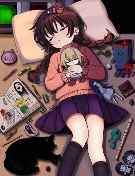 1girl black_socks book braid brown_hair character_doll character_request closed_eyes commentary crayon doll english_commentary feet_out_of_frame flute highres holding holding_doll instrument kneehighs long_hair low_twin_braids lying madotsuki miniskirt monoe monoko on_back open_book parted_lips pen pencil pillow pink_sweater poniko purple_skirt sketchbook skirt sleeping socks solo sweater toriningen turtleneck turtleneck_sweater twin_braids uboa urotsuki yume_2kki yume_nikki yumeyume_(dnjm7358)