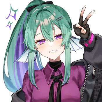 1girl arm_up black_gloves black_jacket black_ribbon blush breasts chain collared_shirt commentary crossed_bangs english_commentary eyelashes fang fin_piercing finana_ryugu finana_ryugu_(3rd_costume) fingerless_gloves fins fish_girl gloves green_hair grin hair_between_eyes hair_intakes hair_ornament hair_ribbon hairclip head_fins high_ponytail highres jacket linked_piercing long_hair long_sleeves looking_at_viewer medium_breasts multicolored_hair neck_ribbon nijisanji nijisanji_en off_shoulder official_alternate_costume open_clothes open_jacket parted_bangs piercing ponytail purple_eyes purple_hair purple_shirt ribbon shirt sidelocks simple_background smile solo sparkle streaked_hair teeth turtleneck undershirt upper_body v virtual_youtuber white_background wing_collar yukino_0306 zipper