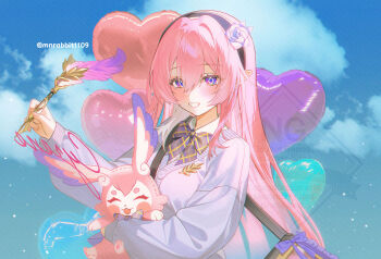 Rule 34 | 1girl, alternate costume, animal, balloon, black hairband, blue sky, breasts, cardigan, commentary, cyrene (demiurge) (honkai: star rail), cyrene (honkai: star rail), diamond-shaped pupils, diamond (shape), flower, grey cardigan, hair flower, hair ornament, hairband, heart balloon, highres, holding, holding animal, holding quill, honkai: star rail, honkai (series), long hair, medium breasts, mem (honkai: star rail), mnrabbit1109, pink hair, pointy ears, purple eyes, quill, sky, smile, symbol-only commentary, symbol-shaped pupils, twitter username, upper body, very long hair