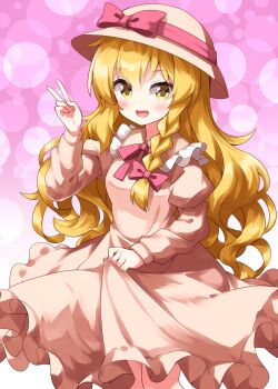1girl :d alternate_costume blonde_hair blush bow braid brown_dress brown_hat commentary_request cowboy_shot dot_nose dress frilled_shirt_collar frills hair_between_eyes hair_bow hand_up hat hat_bow highres juliet_sleeves kirisame_marisa long_hair long_sleeves looking_at_viewer neck_ribbon open_mouth pink_background pink_bow pink_ribbon puffy_sleeves ribbon ruu_(tksymkw) side_braid single_braid skirt_hold smile solo standing touhou v wavy_hair yellow_eyes