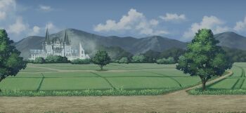 building castle cloud day field game_cg mountain no_humans non-web_source official_art outdoors path road scarlet_devil_mansion scenery touhou touhou_gensou_eclipse tree