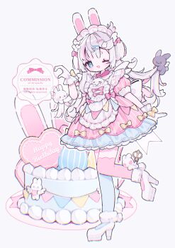 1girl ;d animal_ears apron artist_name asymmetrical_legwear blue_thighhighs bow commentary commission dress dress_bow frilled_apron frilled_dress frills full_body glove_bow gloves hair_ornament hairclip hand_up high_heels highres long_hair looking_at_viewer mismatched_legwear one_eye_closed open_mouth original outline parallel_hairclips pink_dress pink_thighhighs rabbit_ears rabbit_girl shoes short_sleeves simple_background smile solo standing standing_on_one_leg striped_clothes striped_dress symbol-only_commentary thighhighs upa_papa_co watermark white_apron white_background white_gloves white_hair white_outline white_shoes yellow_bow