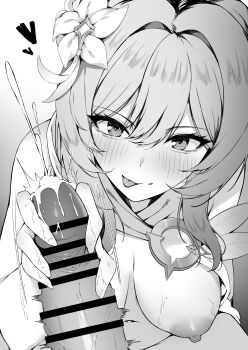 1boy 1girl :p absurdres bar_censor blush breasts censored commentary_request cum ejaculation flower genshin_impact greyscale hair_flower hair_ornament handjob highres looking_at_viewer lumine_(genshin_impact) medium_breasts monochrome nipples penis tongue tongue_out yahuillust