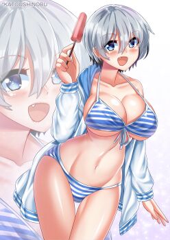 1girl absurdres artist_name bikini blue_bikini blue_eyes blush breasts cleavage collarbone commentary_request cowboy_shot fang food front-tie_bikini_top front-tie_top grey_hair highres holding holding_food holding_popsicle jacket katou_shinobu large_breasts long_sleeves looking_at_viewer navel open_mouth popsicle short_hair single_off_shoulder smile solo striped_bikini striped_clothes swimsuit uzaki-chan_wa_asobitai! uzaki_hana white_jacket zoom_layer