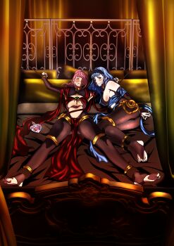 2girls absurdres alternate_costume alternate_hairstyle aphrodisiac arms_behind_back ass bdsm bed bedroom black_panties blue_hair blush bondage bottle bound bound_wrists breasts brown_eyes captured cosplay dancer dorothea_arnault_(plegian)_(cosplay) earrings female_focus fire_emblem fire_emblem:_three_houses fire_emblem_heroes fire_emblem_warriors:_three_hopes gag gagged gluteal_fold hair_between_eyes hairband harem harem_outfit highres hilda_valentine_goneril indoors jewelry kidnapped kidnapped_girl kou_(spad7u59) large_breasts legs long_hair lying marianne_von_edmund medium_breasts medium_hair midriff multiple_girls nintendo nipples official_alternate_hairstyle on_back on_bed paid_reward_available panties pantyhose pelvic_curtain pillow pink_eyes pink_hair ponytail restrained shahid_(fire_emblem) slave spread_eagle_position spread_legs stationary_restraints stirrup_legwear sweat toeless_legwear torn_clothes underwear