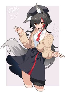 1girl absurdres animal_ears black_hat black_skirt brown_jacket character_name cowboy_shot double_v floating_clothes hanten_(hantennano) hat highres hololive jacket looking_at_viewer ookami_mio ookami_mio_(street) orange_eyes shirt skirt smile solo v virtual_youtuber white_shirt wolf_ears wolf_girl