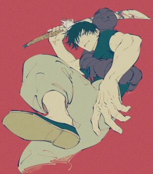 1boy arm_up black_shirt black_shoes blood bloody_weapon commentary film_grain fushiguro_touji grey_pants highres holding holding_sword holding_weapon inventory_curse_(jujutsu_kaisen) jujutsu_kaisen leg_up looking_at_viewer male_focus mim_(mimya0600) monster muscular muscular_male pants parted_lips shirt shoes short_sleeves solo sword t-shirt weapon