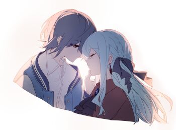 Rule 34 | 2girls, ascot, bang dream!, bang dream! it's mygo!!!!!, black ascot, black ribbon, blue hair, blue jacket, closed eyes, closed mouth, collared shirt, earrings, grey hair, hair ribbon, hand on another's face, hibioes, highres, jacket, jewelry, multiple girls, oblivionis (bang dream!), parted lips, red eyes, red shirt, ribbon, shirt, short hair, simple background, takamatsu tomori, togawa sakiko, two side up, white background, white shirt, yuri