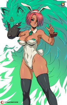 1girl absurdres armpits arms_up bare_shoulders blue_eyes breasts cleavage covered_navel curvy dark-skinned_female dark_skin female_focus giovanna_(guilty_gear) guilty_gear guilty_gear_strive highres kyoffie large_breasts looking_at_viewer rabbit_ears rabbit_tail red_hair short_hair solo thick_thighs thighhighs thighs wide_hips wolf wrist_cuffs