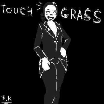 1girl artist_name black_hair blush breasts closed_eyes drill_hair drill_ponytail female female_focus formal_clothes greyscale hand_on_own_hip imscared jacket lapel_pin lapels meme monochrome open_mouth pixel_art pixelated restorer_(imscared) smile suit suit_jacket tekkstarr text_background touch_grass_(meme)