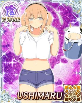 1girl :o arms_up border bra_strap breasts bright_pupils bucket card_(medium) character_name cow crop_top crop_top_overhang cropped_shirt deadpan denim denim_shorts game_cg grey_eyes hair_ribbon headphones large_breasts looking_at_viewer medium_hair navel official_art orange_hair ribbon senran_kagura senran_kagura_new_wave shirt short_twintails shorts skindentation solo third-party_source twintails ushimaru_(senran_kagura) ushiwakamaru_(senran_kagura) white_pupils white_ribbon white_shirt