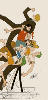 Rule 34 | 1girl, 4boys, black hair, black jacket, black pants, blonde hair, blue shorts, breasts, carrying, carrying person, commentary, facial scar, feet out of frame, food, food on face, fork, from side, goggles, goggles on headwear, green hair, haramaki, hat, highres, holding, holding fork, holding unworn clothes, holding unworn hat, jacket, large breasts, long nose, miniskirt, monkey d. luffy, multiple boys, nami (one piece), numata (oioioioiai), one piece, open mouth, orange hair, pants, plate, profile, red vest, roronoa zoro, running, sandals, sanji (one piece), scar, scar on cheek, scar on face, shirt, short hair, short sleeves, shorts, sideways, skirt, straw hat, untranslatable commentary, unworn hat, unworn headwear, usopp, vest, white shirt, yellow skirt