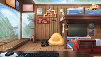 azuma_hatori balcony bean_bag_chair bed bedroom bookshelf computer_keyboard computer_mouse couch day dumbbell flame_print glass_ceiling handheld_game_console highres indie_virtual_youtuber indoors journey_to_the_west mario_(series) mario_kart microphone microphone_stand mountain mousepad_(object) mu_ren_zhuang nintendo no_humans note nunchaku official_art photo_(object) picture_frame pillar pillow red_shell_(mario) rug scenery shelf silver_creator_award stuffed_banana stuffed_monkey sun_kenji sun_wukong sunlight table television towel tree unworn_headwear weapon wooden_floor wooden_table wooden_wall youtube_creator_award