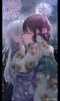 2girls blue_kimono braid brown_hair closed_eyes commentary_request commission fireworks floral_print floral_print_kimono flower grey_hair hair_flower hair_ornament half_up_braid hand_on_another&#039;s_face highres japanese_clothes kimono kiss multiple_girls night obi original pillarboxed pink_flower print_kimono purple_kimono sash second-party_source sena_(sena_soar) yuri