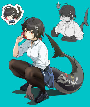 Rule 34 | 1girl, absurdres, ahoge, black choker, black hair, black shoes, blue background, blue skirt, breasts, brown pantyhose, candy, chibi, choker, cleavage, colored inner hair, commentary request, ellen joe, ellen joe (on campus), fins, fish tail, food, from side, hand on ground, hand up, highres, holding, holding candy, holding food, holding lollipop, lollipop, looking at viewer, medium breasts, mo (this-is-mo), mole, mole under eye, multicolored hair, multiple views, official alternate costume, open mouth, pantyhose, pendant choker, razor blade hair ornament, red eyes, scar, scar on tail, shadow, shark girl, shark tail, shirt, shoes, short hair, skirt, sleeves rolled up, squatting, tail, tongue, tongue out, white shirt, zenless zone zero