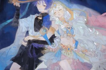 1boy 1girl arm_at_side arm_guards armlet armor artist_request black_bodysuit black_bridal_gauntlets black_shorts blue_background blue_cape blue_gemstone blue_hat blue_skirt blue_tube_top blue_veil blunt_ends blush bodysuit braid bridal_gauntlets cape chain circlet closed_eyes closed_mouth commission commissioner_insert detached_collar eyelashes eyeliner eyeshadow facing_viewer flower gem genshin_impact gold gold_chain gold_circlet gold_collar hair_between_eyes hair_flower hair_ornament hair_tubes hand_up happy harem_outfit hat hayami_momo_(hayamimomo) hetero highres japanese_armor japanese_clothes jewelry jingasa kimono kote kurokote long_hair looking_at_another makeup middle_eastern_architecture midriff navel open_clothes open_kimono open_mouth original pink_veil purple_hair purple_rope red_eyeliner red_eyeshadow rope scaramouche_(genshin_impact) short_sleeves shorts shoulder_peek showgirl_skirt side_braid single_braid skirt smile strapless tassel teeth tsurime tube_top two-tone_veil upper_teeth_only veil very_long_hair wanderer_(genshin_impact) watercolor_effect white_flower white_hair white_kimono white_shorts white_sleeves