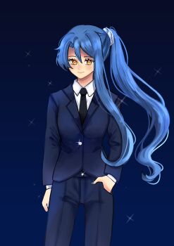 1girl absurdres black_necktie blue_background blue_hair blue_suit business_suit closed_mouth collared_shirt commentary curtained_hair double-parted_bangs eiyuu_densetsu english_commentary floating_hair formal_clothes gradient_background hair_between_eyes hand_in_pocket highres laura_s._arseid long_hair long_single_sidelock looking_at_viewer necktie pant_suit pants ponytail sakuradonuts sen_no_kiseki sen_no_kiseki_(series) sen_no_kiseki_iii shirt simple_background single_sidelock smile solo sparkle suit upper_body yellow_eyes