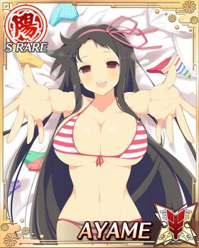 1girl :d ayame_(senran_kagura) bikini blush border breasts brown_hair card_(medium) cleavage english_text front-tie_bikini_top front-tie_top game_cg groin hair_ribbon incoming_hug large_breasts long_hair lying navel necktie non-web_source official_art on_back on_bed open_mouth panties red_bikini red_eyes red_ribbon ribbon seductive_smile senran_kagura senran_kagura_new_wave smile solo striped_bikini striped_clothes swimsuit underwear unworn_panties