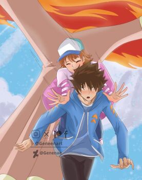 1boy 1girl above_clouds alternate_costume baseball_cap birdramon blue_jacket brown_hair cloud digimon digimon_adventure digimon_adventure_-beyond- genenaeart hat jacket pink_shirt shirt takenouchi_sora yagami_taichi