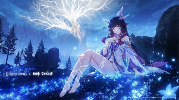 1girl angel_wings ankle_ribbon bare_shoulders bird black_hair blue_flower blue_theme choker closed_mouth collarbone colored_inner_hair columbina_(genshin_impact) commentary_request dove dress elden_ring erdtree_(elden_ring) feathered_wings flower full_body genshin_impact hair_ribbon head_wings highres leg_ribbon long_hair long_sidelocks looking_at_viewer multicolored_hair multiple_wings nid417 pink_eyes pink_hair ribbon scenery sidelocks smile solo very_long_hair white_choker white_dress white_ribbon white_wings wings wrist_ribbon