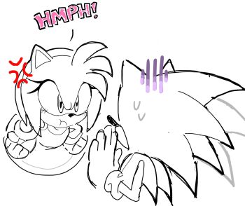 >:t amy_rose anger_vein angry blush dress hands_on_own_hips highres illus1on4k loli medium_hair nervous petite potting sega sonamy sonic_(series) sonic_the_hedgehog sweatdrop