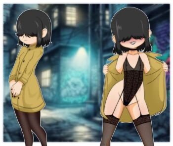 alley before_and_after black_hair black_lips black_nails breasts coat flashing hair_over_eyes lingerie loli looking_at_viewer lucy_loud see-through_clothes small_breasts smile standing the_loud_house trench_coat underwear valker