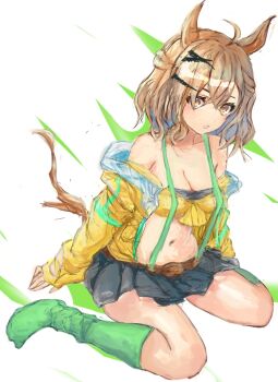 ahoge animal_ears bandeau bare_shoulders belt black_skirt blush braid breasts brown_hair cleavage collarbone commentary_request green_socks hair_between_eyes hair_ornament hairclip half_up_braid half_up_half_down_braid horse_ears horse_girl horse_tail jacket jungle_pocket_(champion's_battle_cry)_(umamusume) jungle_pocket_(umamusume) kneehighs long_sleeves looking_at_viewer medium_breasts medium_hair navel open_clothes open_jacket parted_lips skirt socks stomach suspenders tail umamusume yanagi_wakana yellow_bandeau yellow_eyes yellow_jacket