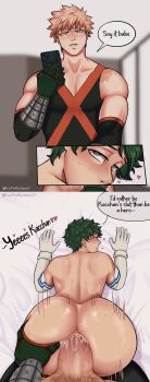 ! 5koma absurdres anal anus ass back bakugou_katsuki bare_back bare_hips bed bedroom blonde_hair blonde_pubic_hair boku_no_hero_academia bones_(company) boots brown_hair cellphone censored comic curly_hair emoji english_text estrellaspice formal_clothes freckles glasses gloves green_eyes green_hair heart heart-shaped_pupils highres huge_ass humiliation indoors livestream messy_hair midoriya_izuku moaning multiple_boys nude on_bed penis phone pixelated pov pubic_hair public_indecency recording red_eyes reporter scar scar_on_arm scar_on_chest sex shounen_jump smile speech_bubble spiked_hair suit superhero_costume surprised symbol-shaped_pupils tongue tongue_out veins veiny_penis yaoi