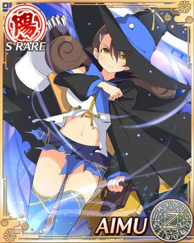 1girl aimu_(senran_kagura) arrow_(projectile) aura black_cape blue_bow blue_bowtie blue_skirt blue_thighhighs border bow bow_(weapon) bowtie breasts brown_eyes cape card_(medium) character_name closed_mouth crossbow curled_ends curly_hair detached_sleeves game_cg hair_ornament hairclip hat holding holding_crossbow holding_weapon large_breasts large_hat looking_at_viewer low_twintails navel official_art pleated_skirt senran_kagura senran_kagura_new_wave skirt smile solo swept_bangs thighhighs torn_clothes twintails vest weapon white_vest witch witch_hat