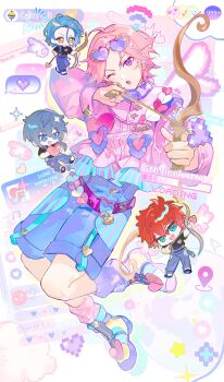 4boys 5uper_love_(ensemble_stars!) absurdres ahoge amagi_rinne asymmetrical_legwear blue_shorts boots bow_(weapon) chinese_commentary commentary_request dialogue_box earrings ensemble_stars! etiv floating frilled_shirt frills furrowed_brow heart heart-shaped_eyewear heart_belt heart_earrings highres himeru_(ensemble_stars!) holding holding_bow_(weapon) holding_weapon jewelry leg_warmers long_sleeves male_focus multiple_boys one_eye_closed open_mouth oukawa_kohaku pink_hair pink_leg_warmers pink_shirt pixel_art_inset pixel_heart puffy_long_sleeves puffy_sleeves purple_leg_warmers shiina_niki shirt shoes short_hair shorts solo_focus swept_bangs tinted_eyewear weapon window_(computing)