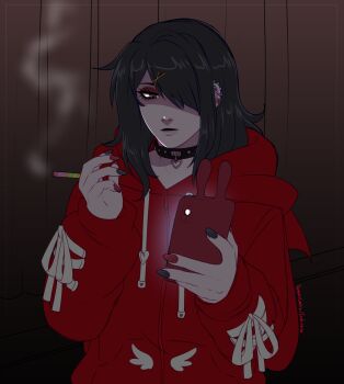 1girl absurdres ame-chan_(needy_girl_overdose) black_hair choker dim_lighting drugs expressionless hair_over_one_eye highres holding holding_phone hood hood_down hoodie long_hair looking_at_penis looking_at_viewer needy_girl_overdose phone purple_eyes red_hoodie smoke smoke_trail smoking solo tempusumbra