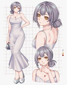 1girl bag blush breasts cleavage closed_mouth collarbone color_guide commentary dress english_commentary eyelashes fingernails full_body grey_bag grey_hair grid_background hair_bun hand_on_own_hip handbag high_heels highres holding holding_bag honkai:_star_rail honkai_(series) jewelry lips multiple_views nail_polish necklace red_nails rurui134 shoes sidelocks single_hair_bun smile standing stelle_(honkai:_star_rail) trailblazer_(honkai:_star_rail) white_dress white_shoes yellow_eyes yellow_pupils