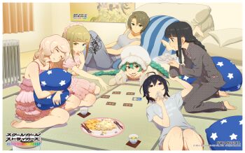 6+girls barefoot black_hair blue_eyes braid breasts chitose_yui closed_eyes company_name copyright_name feet food green_eyes green_hair hair_between_eyes haishima_isari highres kobayashi_gen long_hair medium_breasts momokawa_sasa morgana_(school_girl_strikers) multicolored_eyes multiple_girls official_art official_wallpaper pajamas pillow ponytail red_eyes school_girl_strikers shirt short_hair sleeping smile sumihara_satoka unmoving_pattern wavy_hair yellow_eyes yukishiro_mari