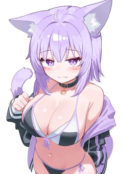 1girl :3 absurdres ahoge alternate_costume animal_collar animal_ear_fluff animal_ears bikini black_bikini black_collar black_jacket breasts cat_ears cat_girl cat_tail cleavage collar commentary_request crossed_bangs deaver double-parted_bangs front-tie_bikini_top front-tie_top hair_between_eyes hand_up highres hololive jacket large_breasts looking_at_viewer messy_hair multicolored_bikini navel nekomata_okayu off_shoulder open_clothes open_jacket purple_eyes short_hair side-tie_bikini_bottom simple_background solo stomach swimsuit tail virtual_youtuber white_background white_bikini