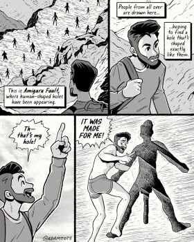 adam_ellis backpack bag beard cliff english_text facial_hair full_beard greyscale highres long_sleeves male_focus male_underwear monochrome open_mouth original person-shaped_hole pointing shirt shouting speech_bubble the_enigma_of_amigara_fault twitter_username underwear underwear_only walking
