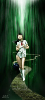 1girl bdsm black_hair bondage bound cuffs dated facing_viewer female_focus full_body gin_nasu handcuffed handcuffs long_hair long_image no_pants no_shoes panties school_uniform shirt short_sleeves skirt unworn_skirt socks solo tall_image underwear walking white_panties white_shirt