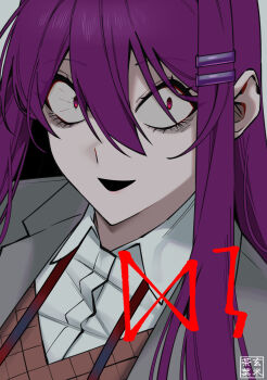 Rule 34 | 1girl, :d, bags under eyes, blazer, collared shirt, crazy eyes, doki doki literature club, doki doki literature club school uniform, hair between eyes, highres, jacket, long hair, long sidelocks, looking at viewer, neck ribbon, open mouth, orange vest, purple eyes, purple hair, ribbon, school uniform, shirt, sidelocks, smile, solo, tyaaaaaaba, vest, white shirt, yuri (doki doki literature club)