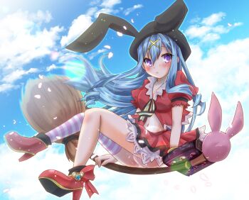 1girl black_hat blue_hair blue_sky blush book boots breasts broom broom_riding cleavage day emil_chronicle_online flying hair_ornament hairclip hat holding holding_book jacket long_hair medium_breasts midriff nice_knee_socks_day pink_thighhighs purple_eyes rabbit_ear_headwear red_boots red_jacket red_skirt renet_(eco) single_thighhigh skirt sky solo striped_clothes striped_thighhighs thighhighs yukiomi_kizuki