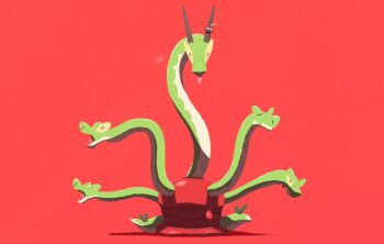 apple closed_eyes colored_sclera commentary ewokakukaede food fruit highres horns hydra hydrapple multiple_heads multiple_tails nintendo open_mouth pokemon pokemon_(creature) pokemon_sv red_background symbol-only_commentary syrup tail tongue wyrm yellow_sclera