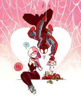 Rule 34 | 1boy, 1girl, absurdres, animal print, bodysuit, highres, hood, hooded bodysuit, marvel, mikemaihack, multicolored bodysuit, print bodysuit, silk, spider-gwen, spider-man (miles morales), spider-man (series), spider-verse, spider print, spider web, spider web print, superhero costume, swinging on web, two-tone bodysuit, valentine