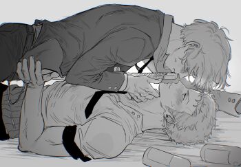 Rule 34 | 2boys, blush, bottle, chromatic aberration, closed mouth, collared shirt, drunk, earrings, facial hair, goatee stubble, greyscale, hashtag-only commentary, highres, jacket, jewelry, long sleeves, male focus, monochrome, multiple boys, necktie, one piece, roronoa zoro, sanji (one piece), shirt, short hair, short sleeves, sideburns, stubble, sweatdrop, sword, veins, veiny hands, weapon, yaoi, yayarunaway