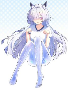 Rule 34 | 1girl, animal ear fluff, animal ears, barefoot, breasts, cat ears, collarbone, colored eyelashes, commentary, grey hair, hair intakes, hair ornament, hair over one eye, haires, hands up, highres, long hair, looking at viewer, medium breasts, mornye (wuthering waves), parted lips, paw pose, red eyes, see-through body, shirt, solo, toes, white shirt, wuthering waves