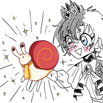 Rule 34 | 1girl, absurdres, ascot, blush, blush stickers, chromashift, commentary, crown, earrings, emphasis lines, eyelashes, hair between eyes, heterochromia, highres, jewelry, limited palette, lucinda grey, multicolored hair, open mouth, rin penrose, short hair, simple background, smile, snail, snebby (rin penrose), sparkle, split-color hair, two-tone hair, v-shaped eyebrows, virtual youtuber, white background