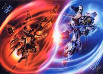 aoki_ryuusei_spt_layzner armor battle canopy cockpit energy gun helmet layzner machinery mecha mecha_focus no_humans robot science_fiction space weapon yin_yang zakaal zero_gravity