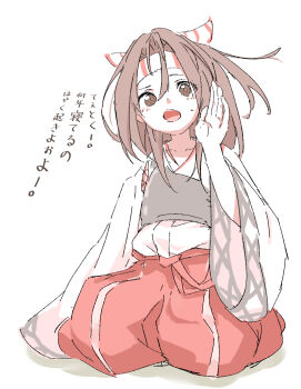 Rule 34 | 1girl, brown eyes, brown hair, commentary request, hachimaki, hakama, hand up, headband, high ponytail, highres, jally (jallyholly), japanese clothes, kantai collection, kimono, long hair, long sleeves, looking at viewer, muneate, open mouth, ponytail, red hakama, seiza, simple background, sitting, solo, striped headband, sweat, translation request, white background, white kimono, wide sleeves, zuihou (kancolle)