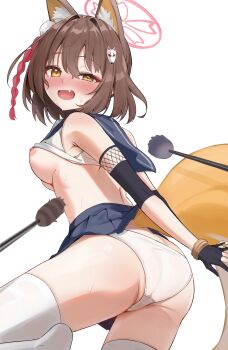 1girl absurdres animal_ears blue_archive blush breasts brown_hair dairiseki fang fox_ears fox_girl fox_tail halo highres izuna_(blue_archive) medium_breasts nipples panties pink_halo skirt solo tail thighhighs underwear white_panties yellow_eyes